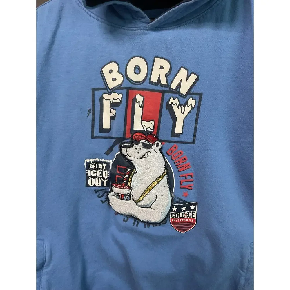 Born Fly Hoodie Youth XL 18-20 Blue Polar‎ Bear Graphic Stay Iced Out Pullover